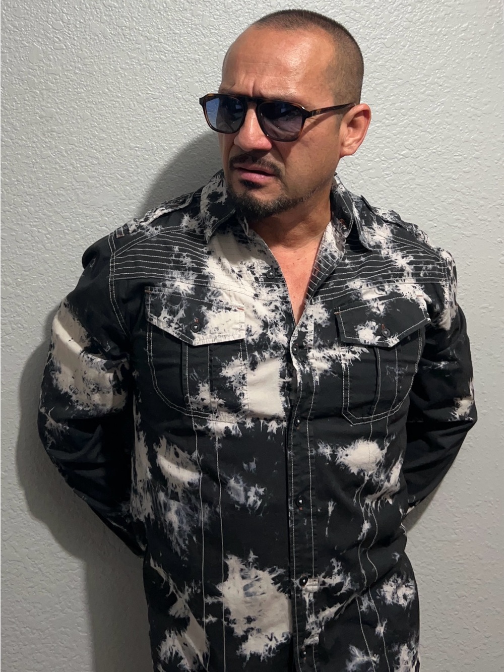 Affliction Black & White Tie-Dye Button Down Shirt.